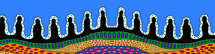 Indigenous artwork - new first nations trust. The colours on the painting are black, white, blue, green, yellow, orange and purple